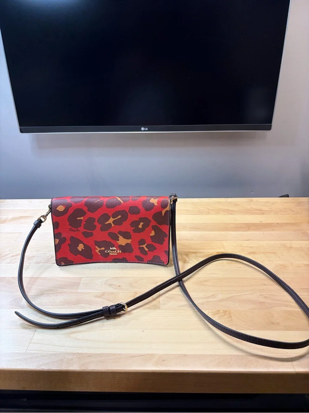 Coach Red Leopard Print Leather Crossbody Bag with Gold Logo